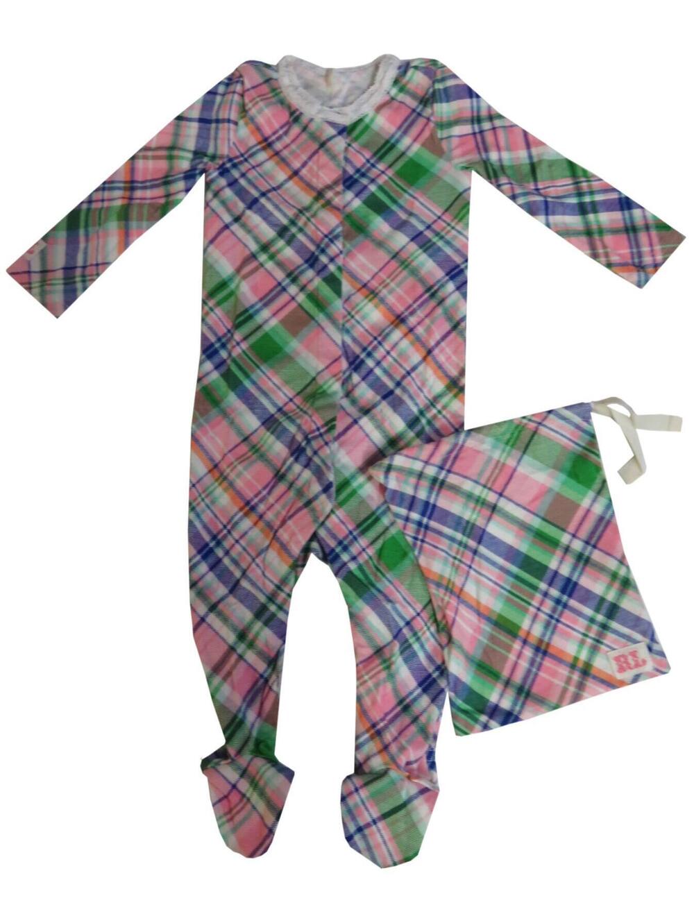 Ralph Lauren Baby Girls One Pc Cotton Madras Pajamas Footie Romper Pink Multi 6M